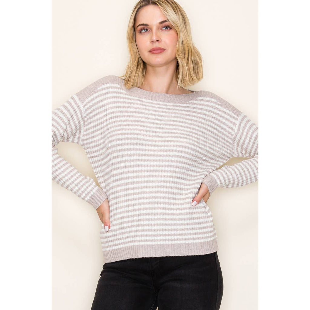 STACCATO - BOAT NECK PULLOVER SWEATER - IVORY/TAUPE