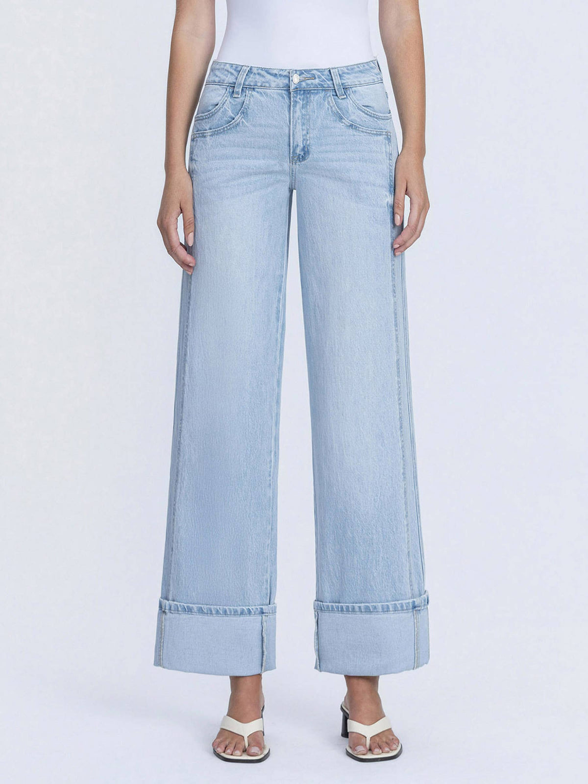 VERVET by FLYING MONKEY - SUPER HIGH RISE LIGHT WASH CUFFED BAGGY WIDE JEANS T6515