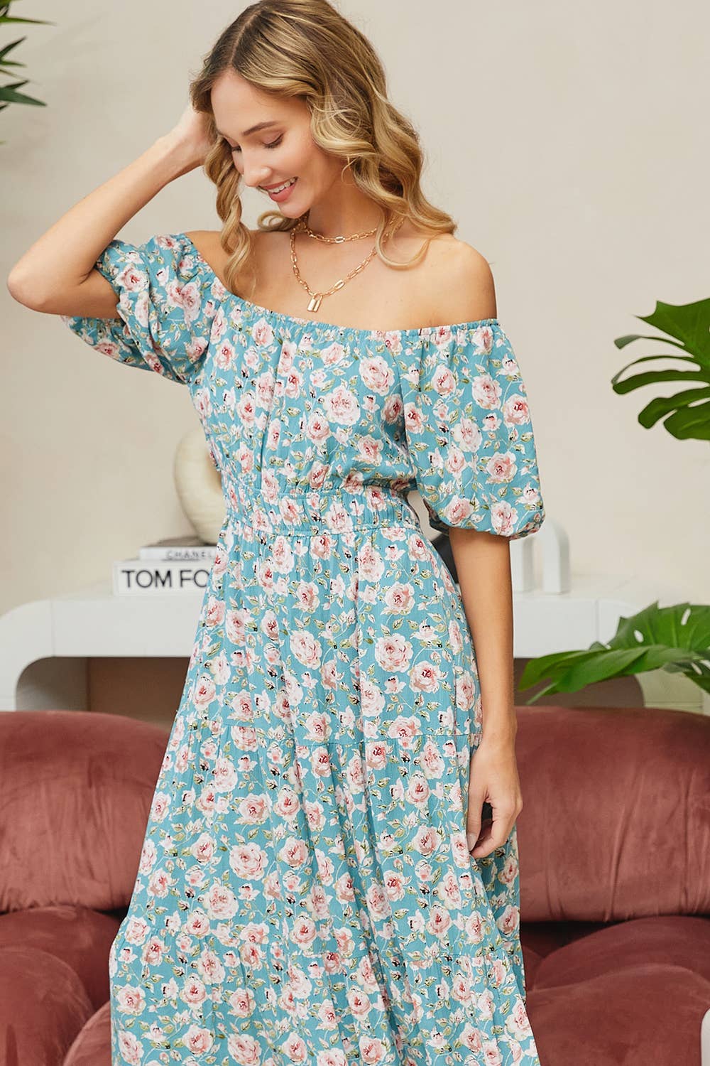 Sweet Lovely by Jen - ROMANTIC FLORAL ELASTIC WAIST MIDI DRESS