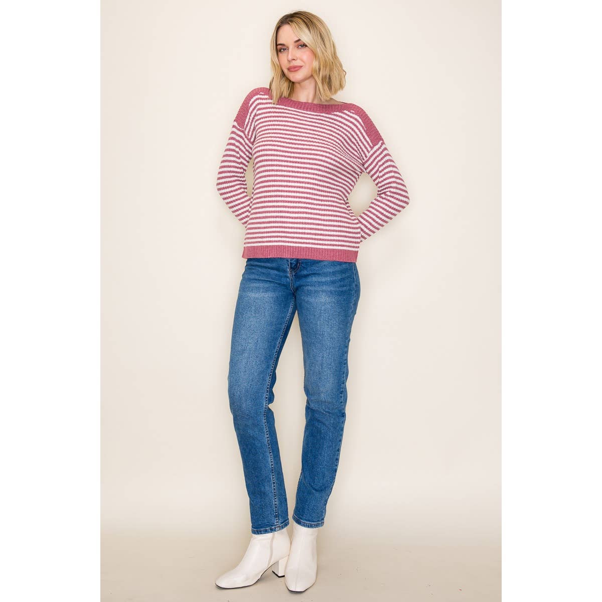 STACCATO - BOAT NECK PULLOVER SWEATER - IVORY/TAUPE