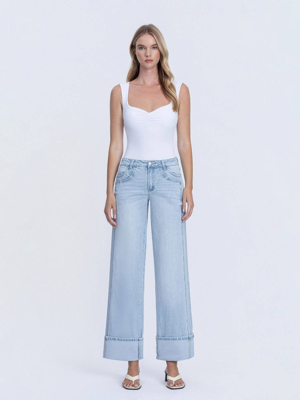 VERVET by FLYING MONKEY - SUPER HIGH RISE LIGHT WASH CUFFED BAGGY WIDE JEANS T6515