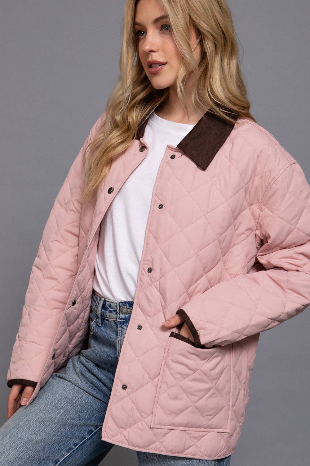 Long Sleeve Contrast Lapel Collar Quilted Puffer Work Jacket