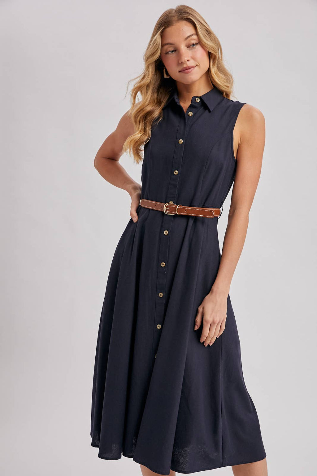 Bluivy - BUTTON DOWN SLEEVELESS BELTED SHIRT MIDI DRESS