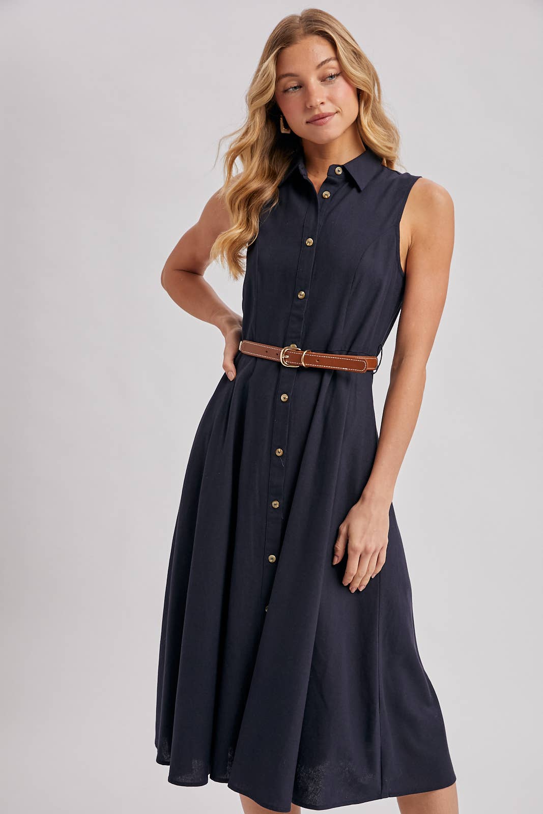 Bluivy - BUTTON DOWN SLEEVELESS BELTED SHIRT MIDI DRESS