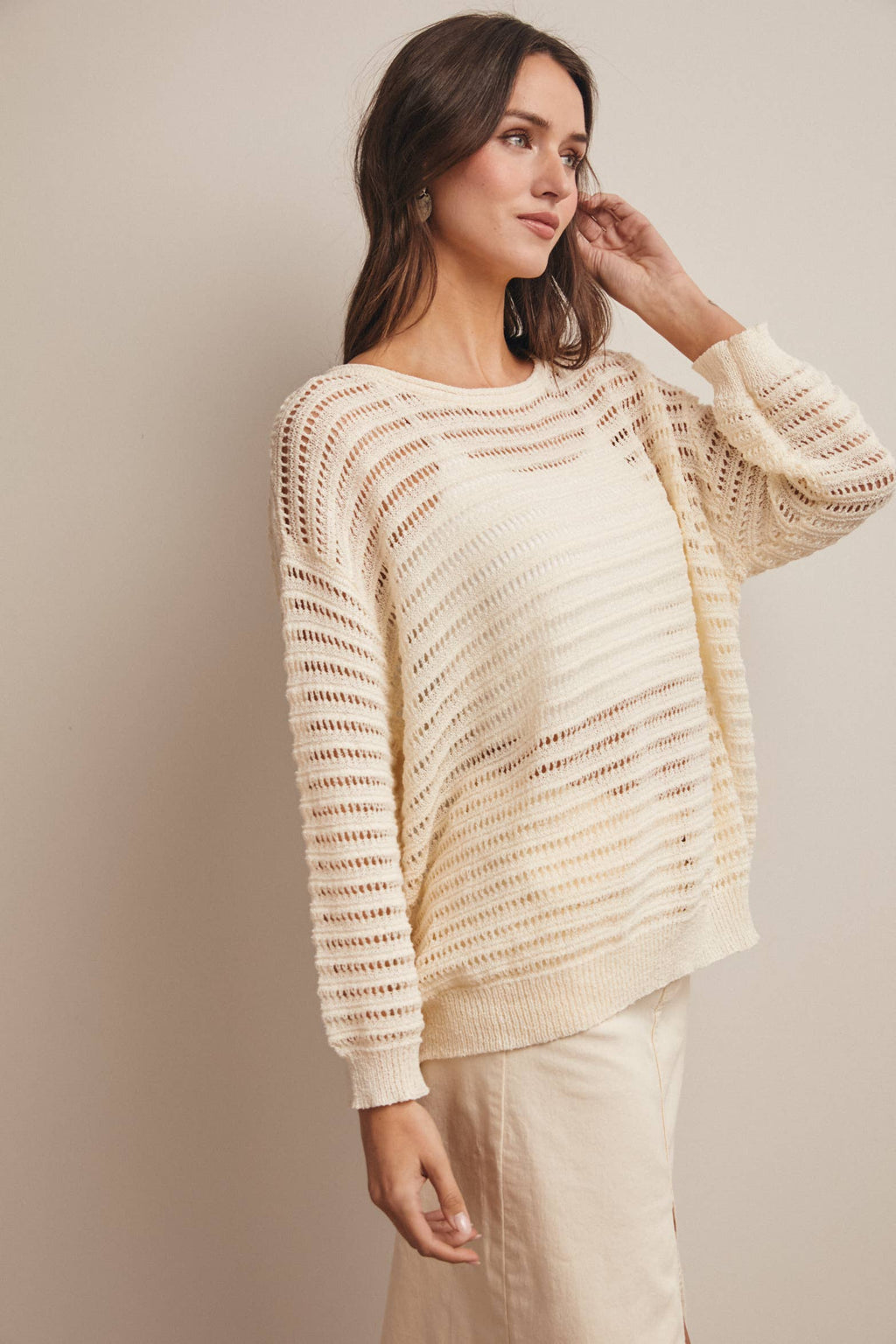 Forte - Open-Knit Stripe Sweater Top FSW0056