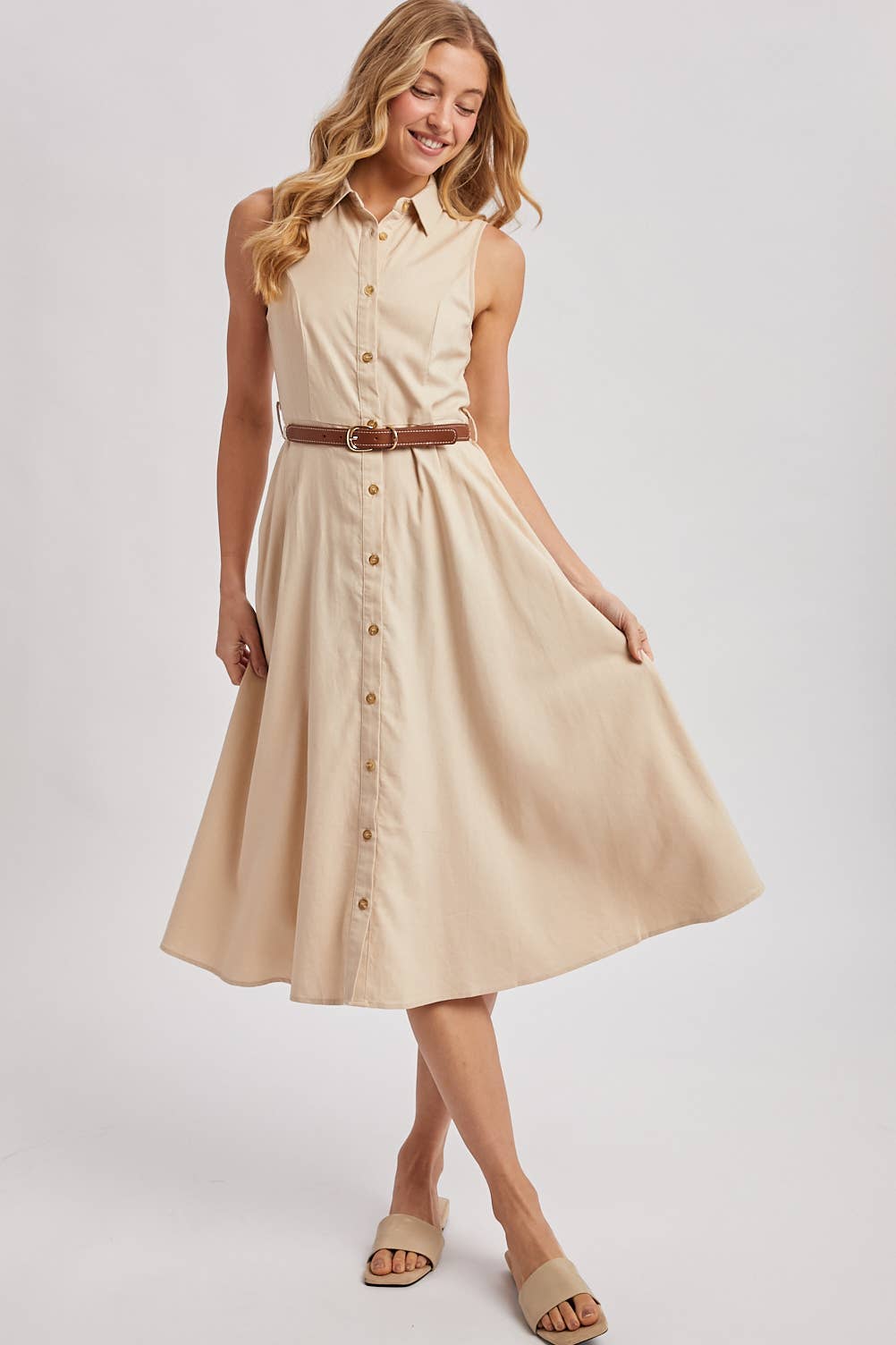 Bluivy - BUTTON DOWN SLEEVELESS BELTED SHIRT MIDI DRESS