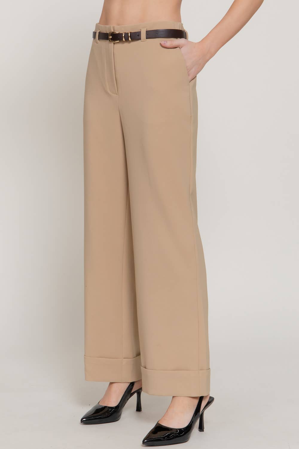 Belted Straight Pants with Cuffed Hem