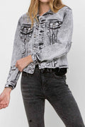 VERVET by FLYING MONKEY - DISTRESSED BLACK ACID WASH CLASSIC CROP JACKET VT1156