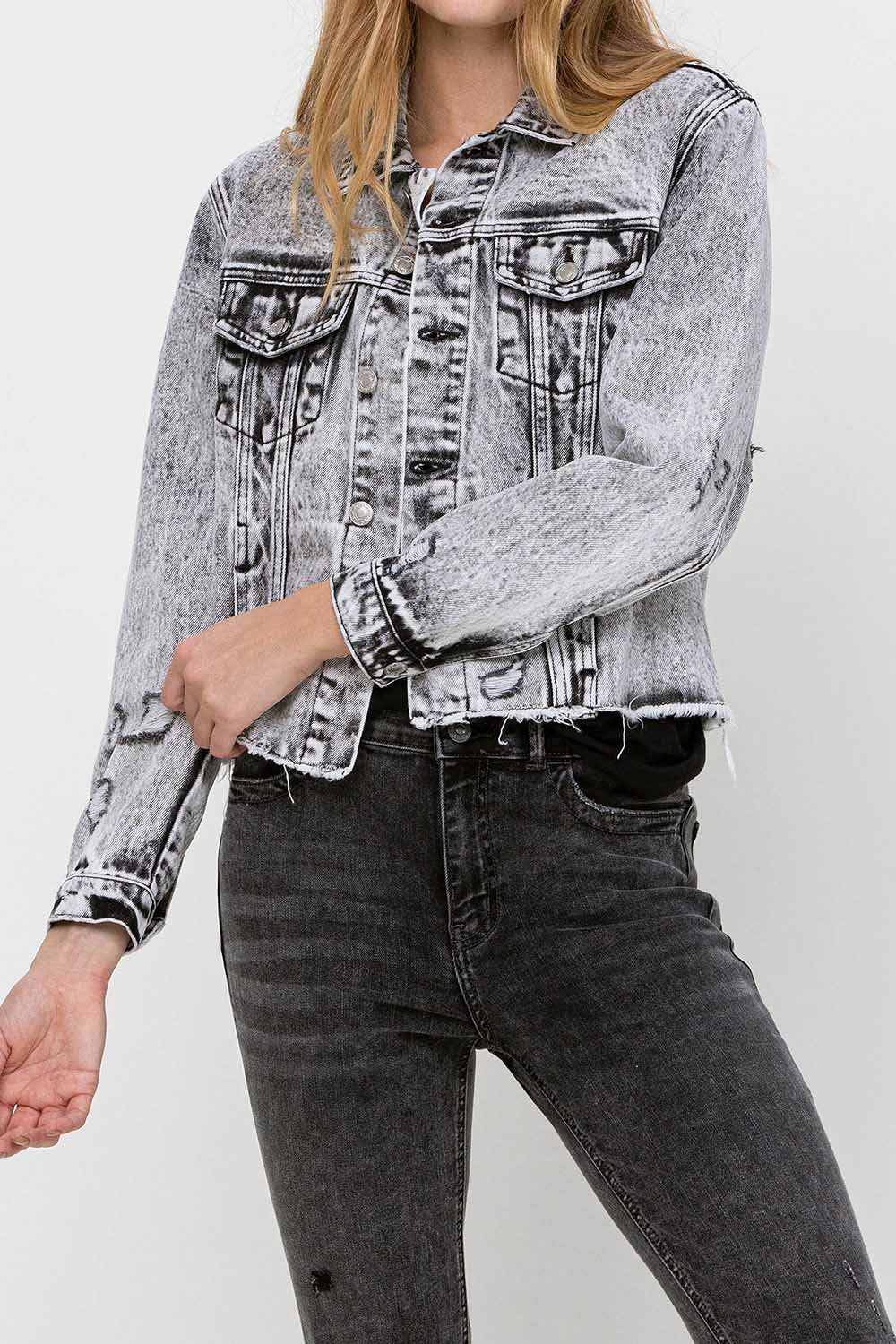 VERVET by FLYING MONKEY - DISTRESSED BLACK ACID WASH CLASSIC CROP JACKET VT1156