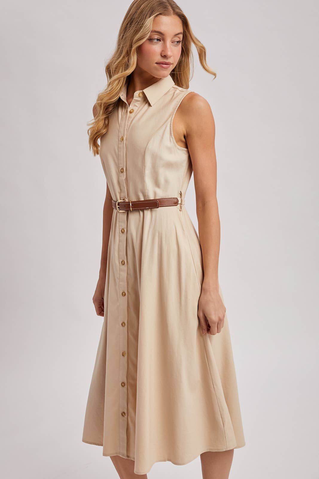 Bluivy - BUTTON DOWN SLEEVELESS BELTED SHIRT MIDI DRESS