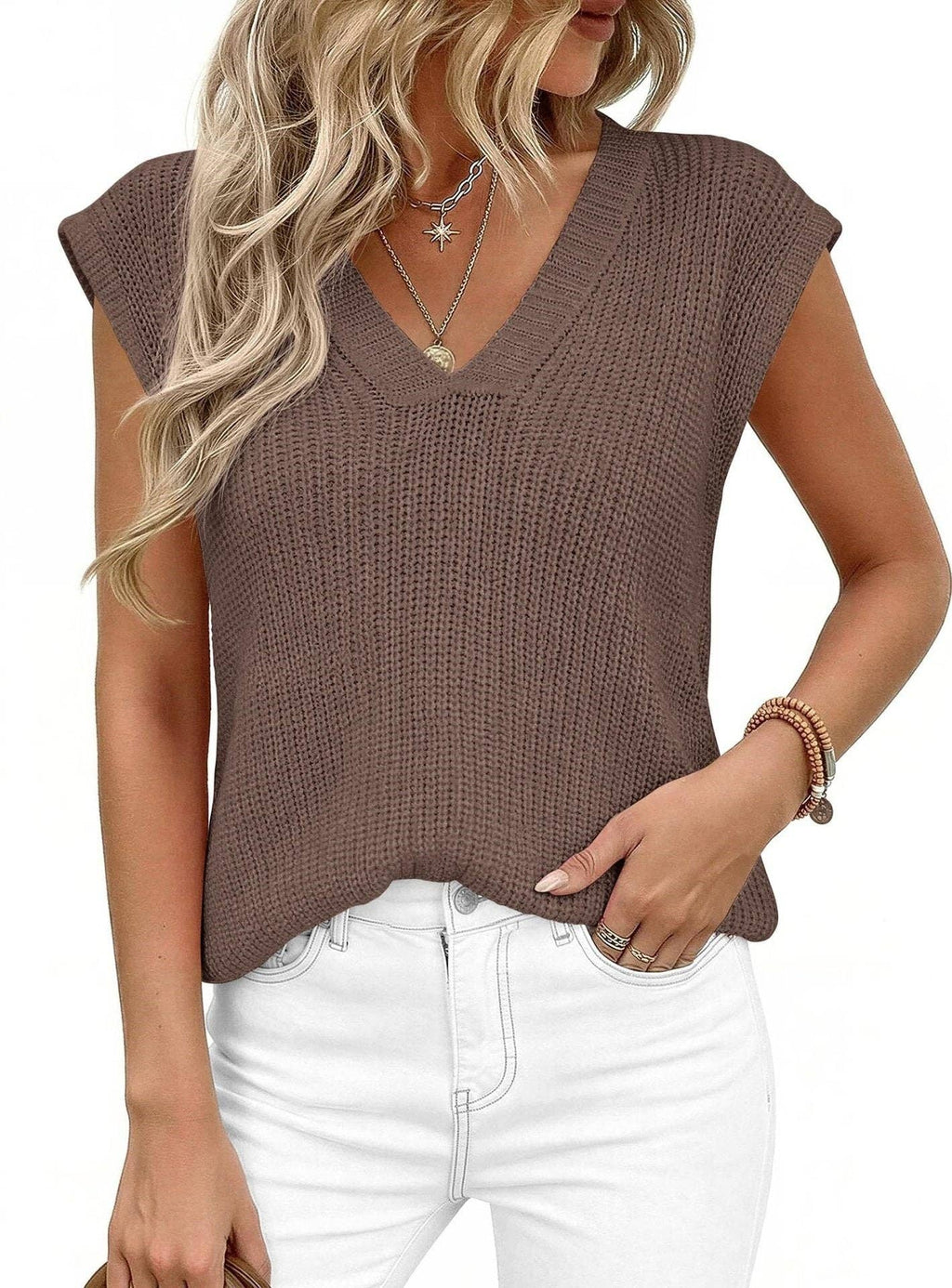 Suhkasana - V Neck Knit Sweater Vest Sleeveless Loose Summer Top