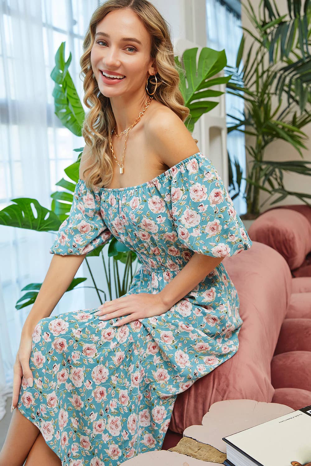 Sweet Lovely by Jen - ROMANTIC FLORAL ELASTIC WAIST MIDI DRESS