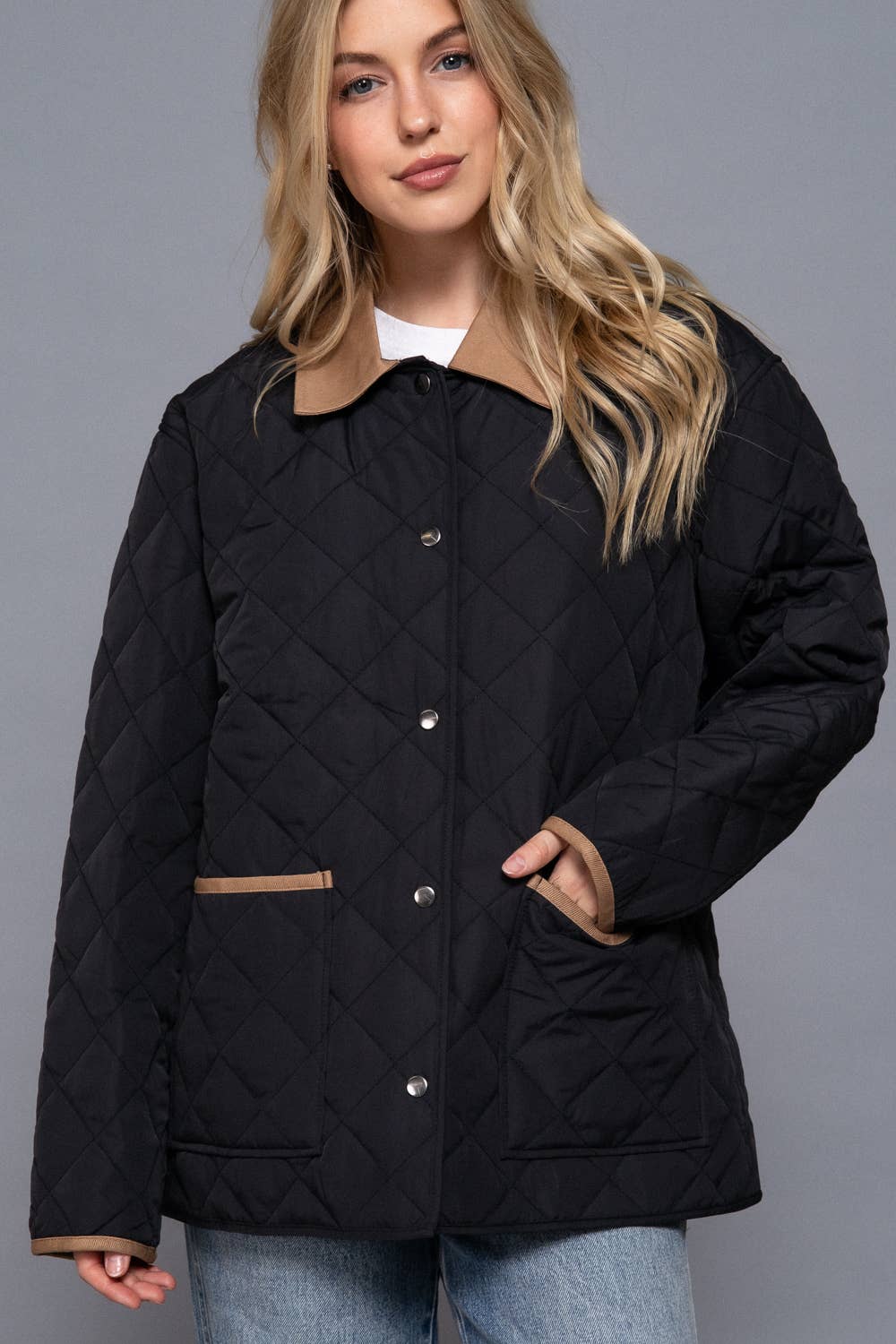 Long Sleeve Contrast Lapel Collar Quilted Puffer Work Jacket