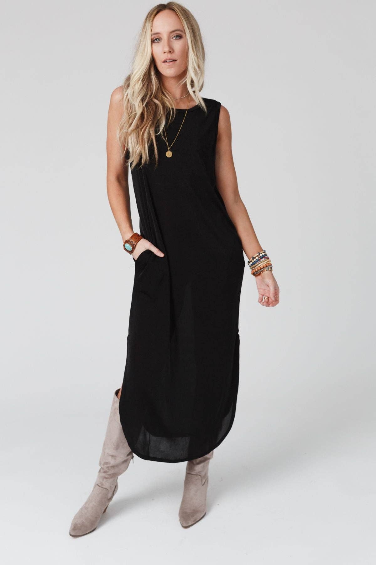 Three Bird Nest - Cassie Sleeveless Pocket Slinky Maxi Dress - Black
