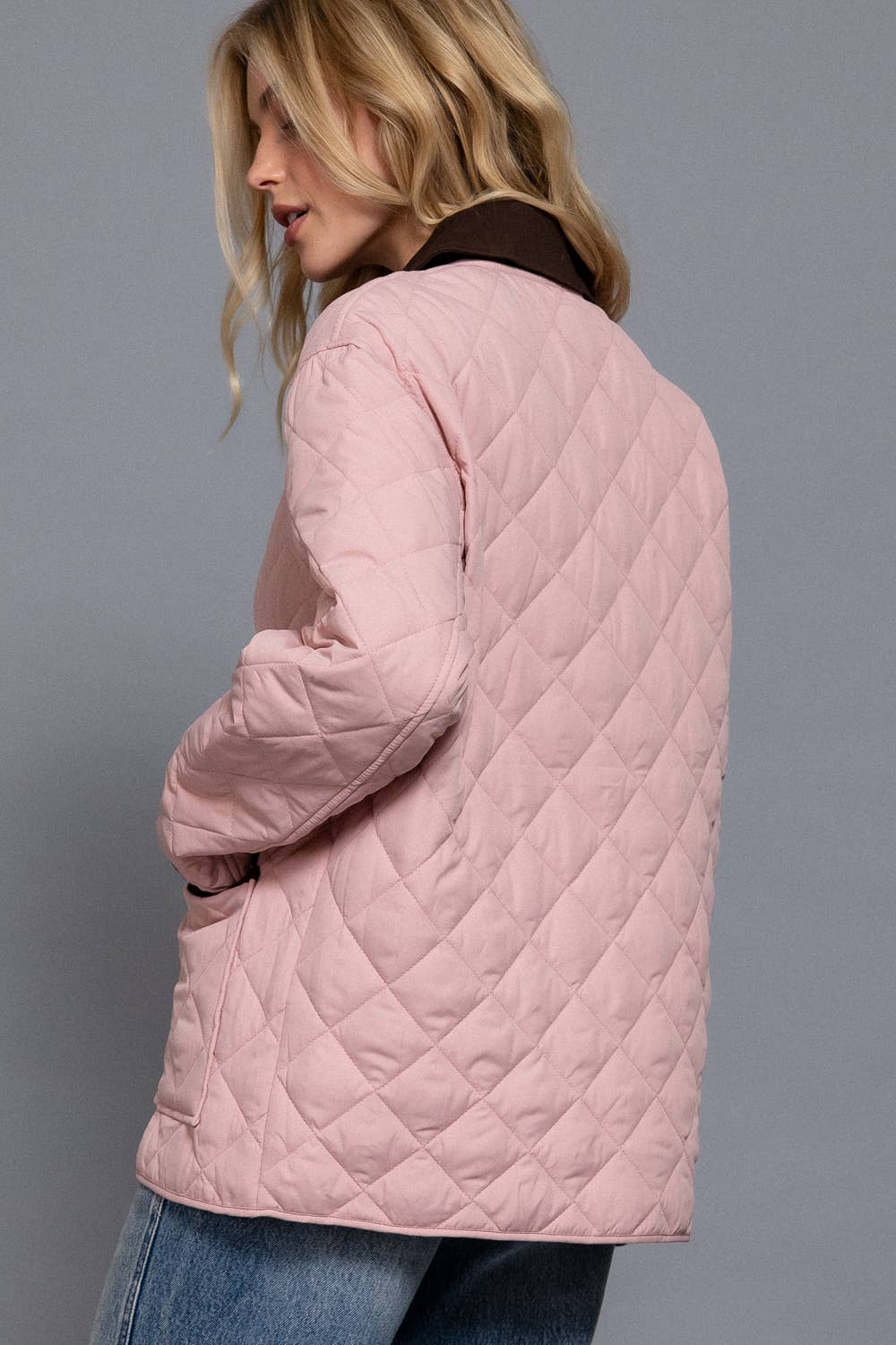 Long Sleeve Contrast Lapel Collar Quilted Puffer Work Jacket