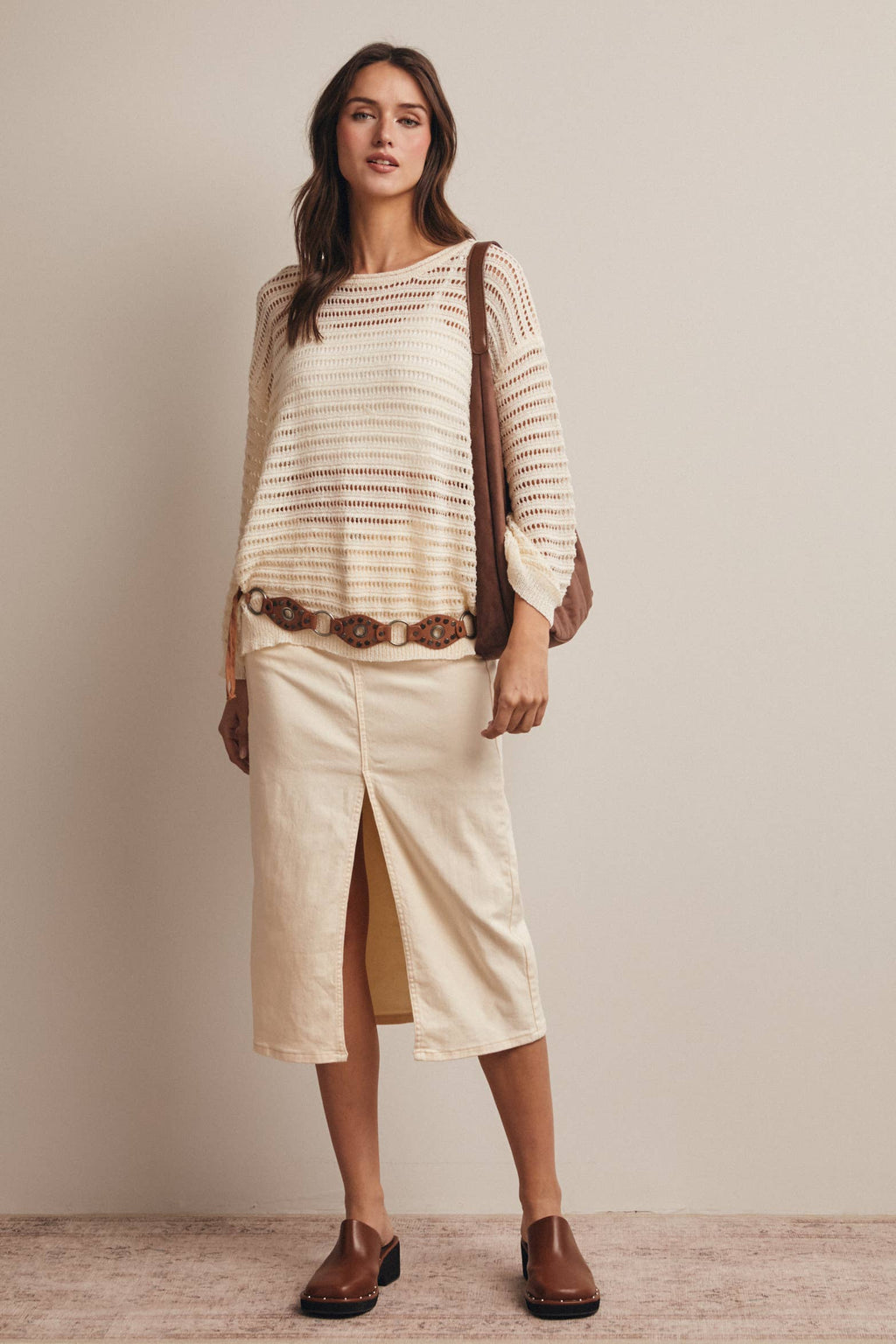 Forte - Open-Knit Stripe Sweater Top FSW0056