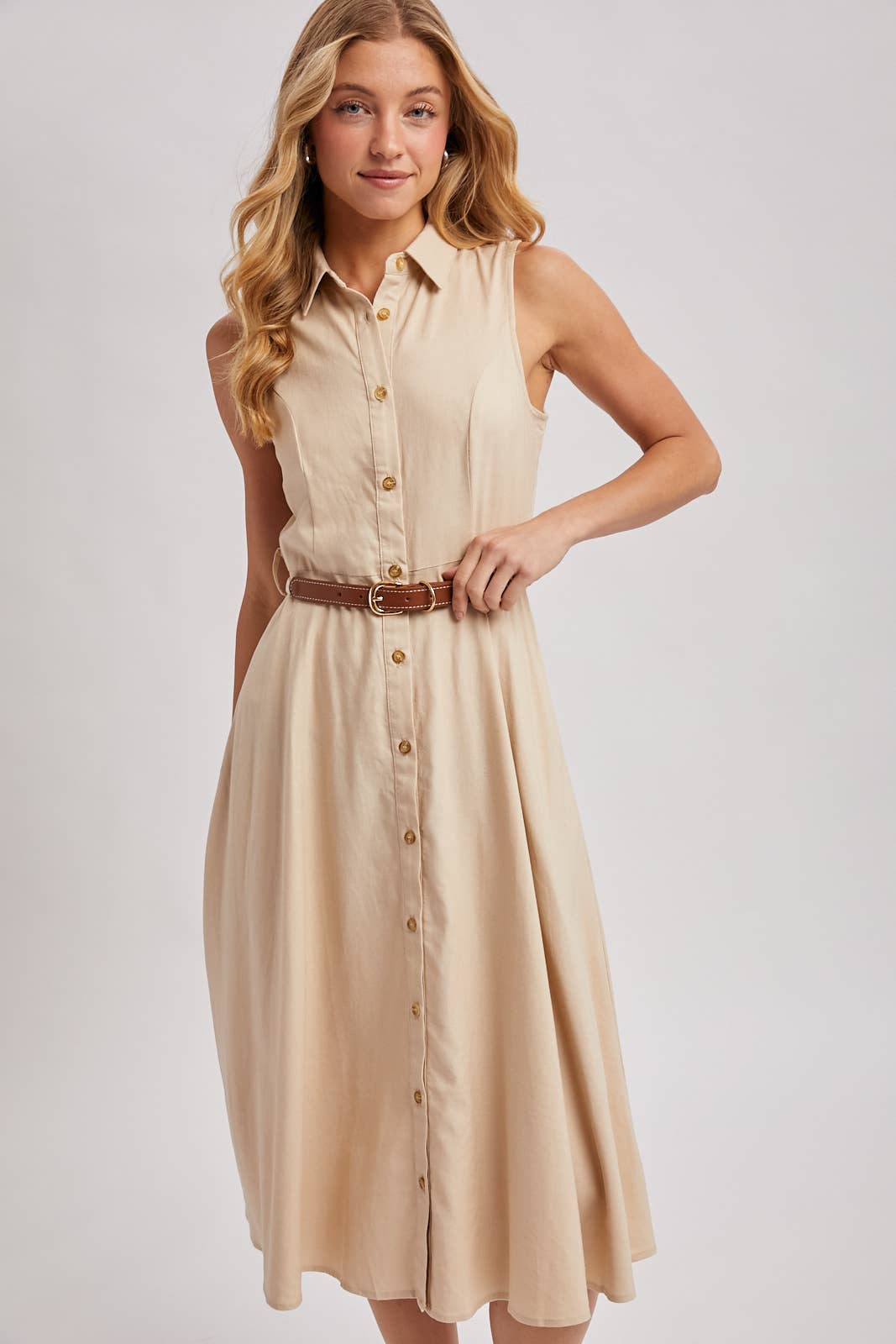 Bluivy - BUTTON DOWN SLEEVELESS BELTED SHIRT MIDI DRESS