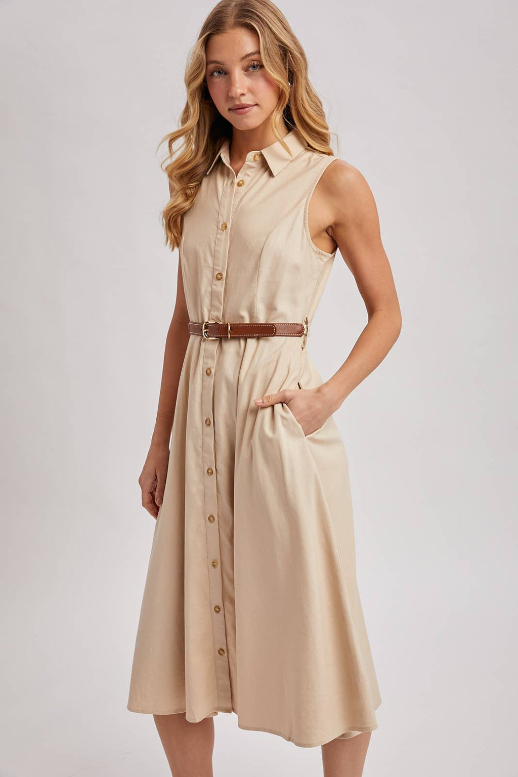 Bluivy - BUTTON DOWN SLEEVELESS BELTED SHIRT MIDI DRESS