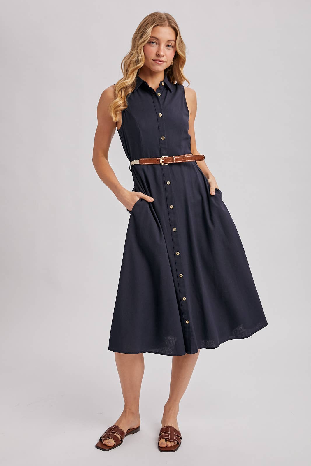 Bluivy - BUTTON DOWN SLEEVELESS BELTED SHIRT MIDI DRESS