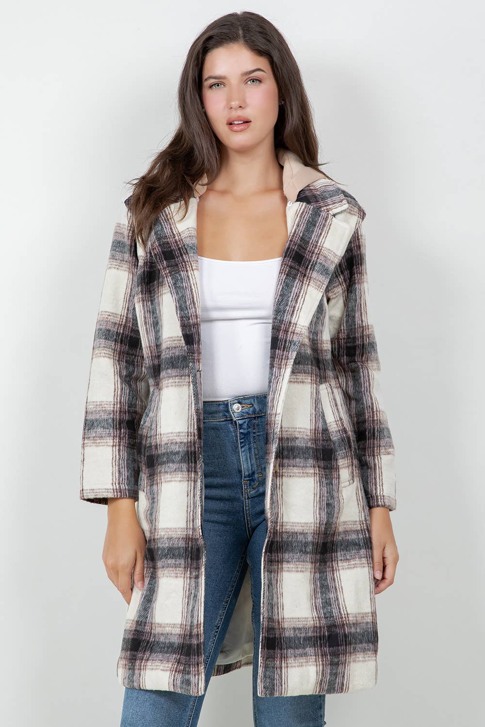 Veracci - Oversized Woolen Plaid Coat / Jacket with detachable Hood