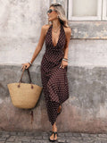 Suhkasana - Black Polka Dot Halter Deep V Maxi Dress Summer