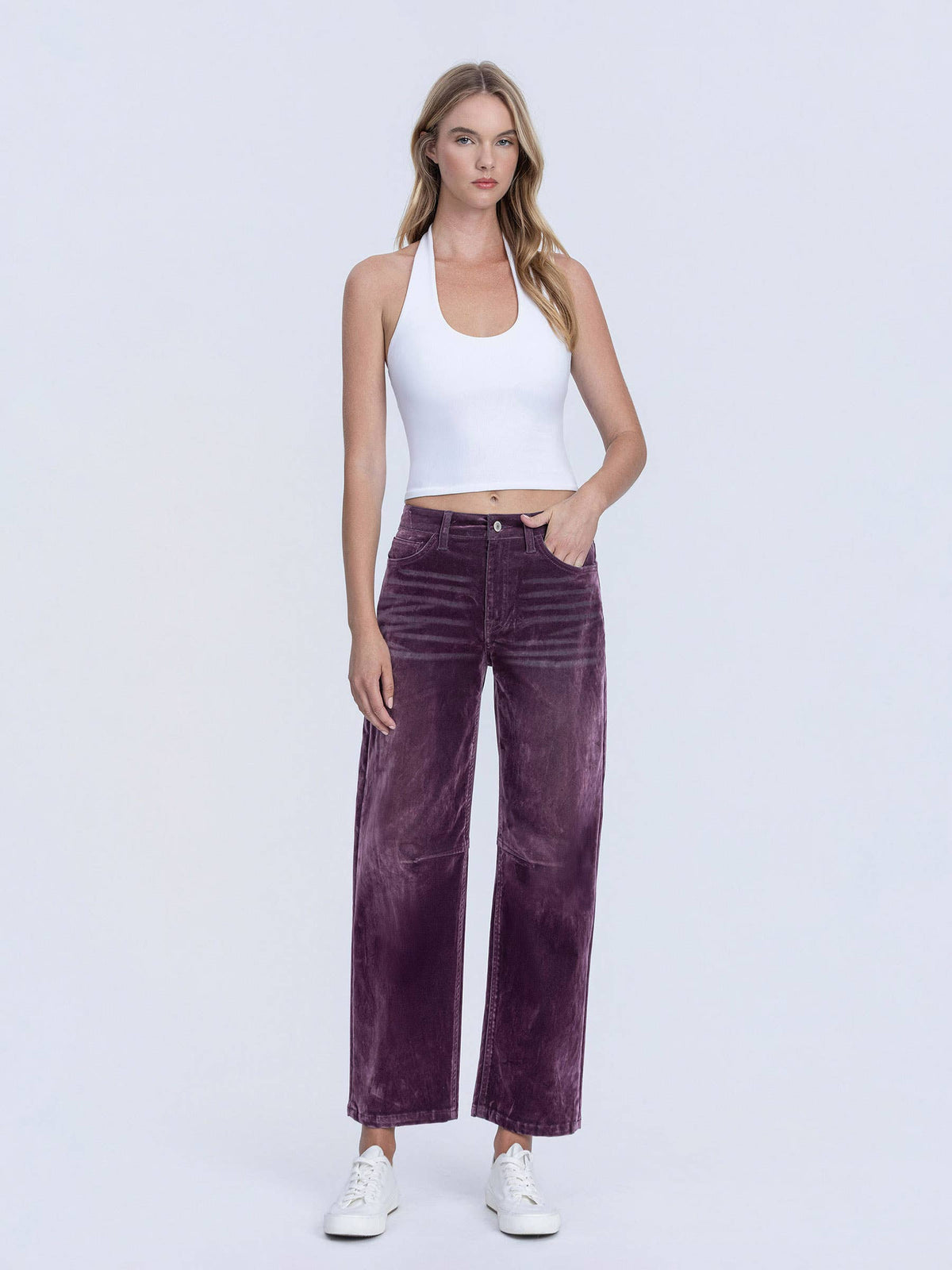 VERVET by FLYING MONKEY - HIGH RISE VELVET FLOCKED PURPLE BARREL LEG JEANS T7091PUR