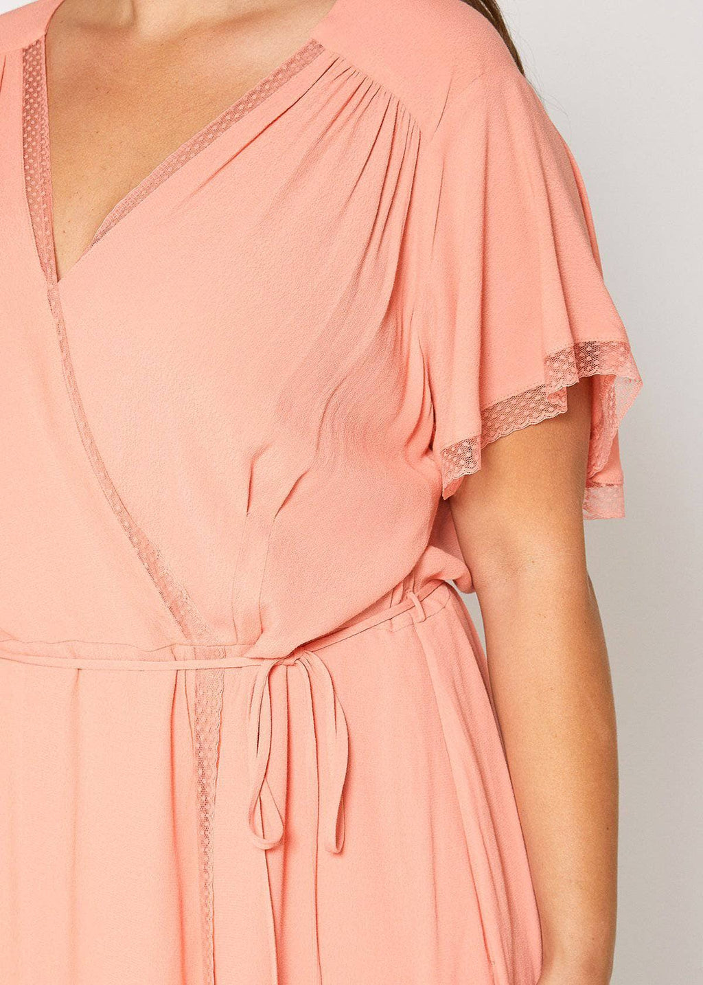 Robin K - Nurode's Plus Size Lace Trim Wrap Dress in Coral