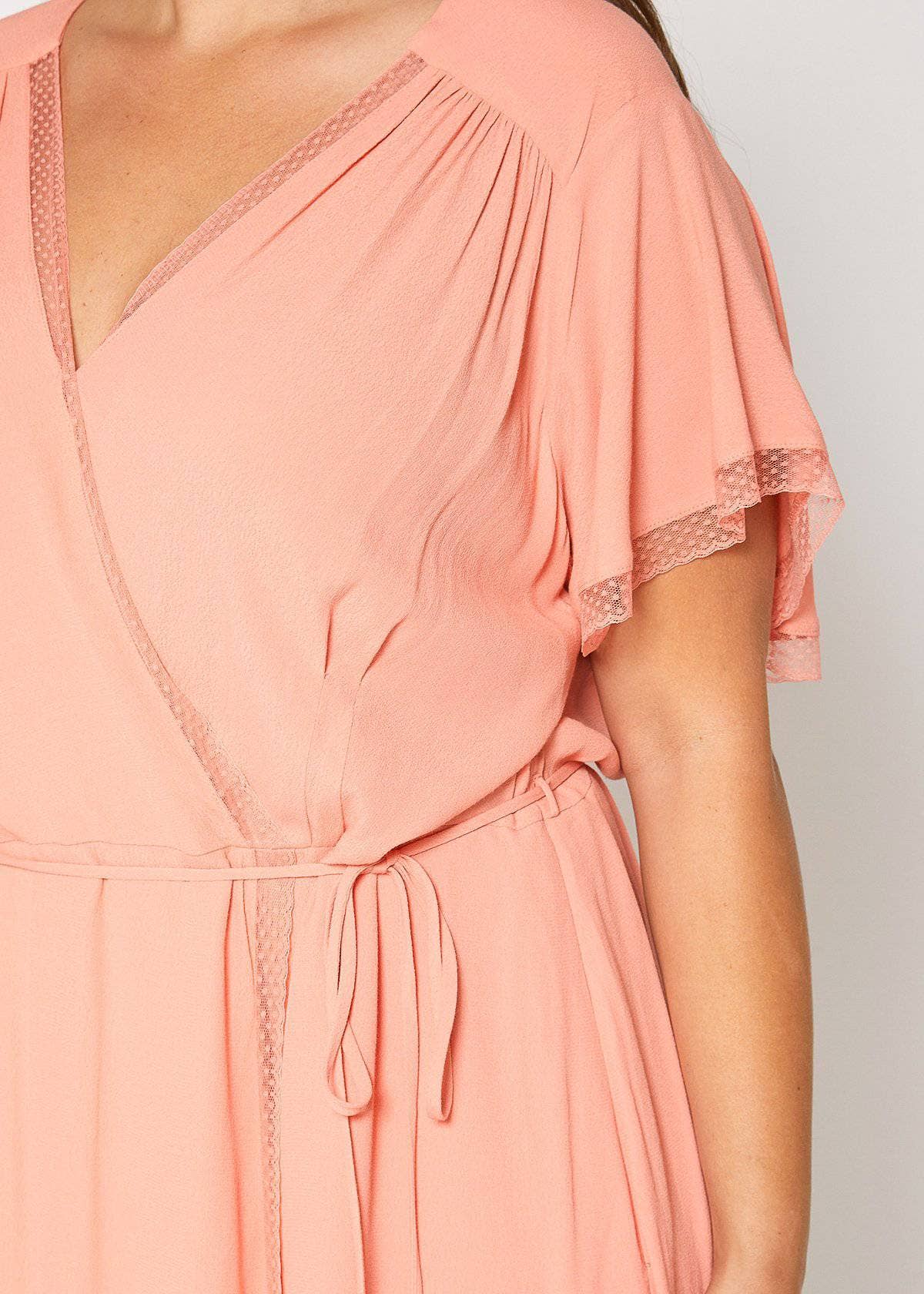 Robin K - Nurode's Plus Size Lace Trim Wrap Dress in Coral