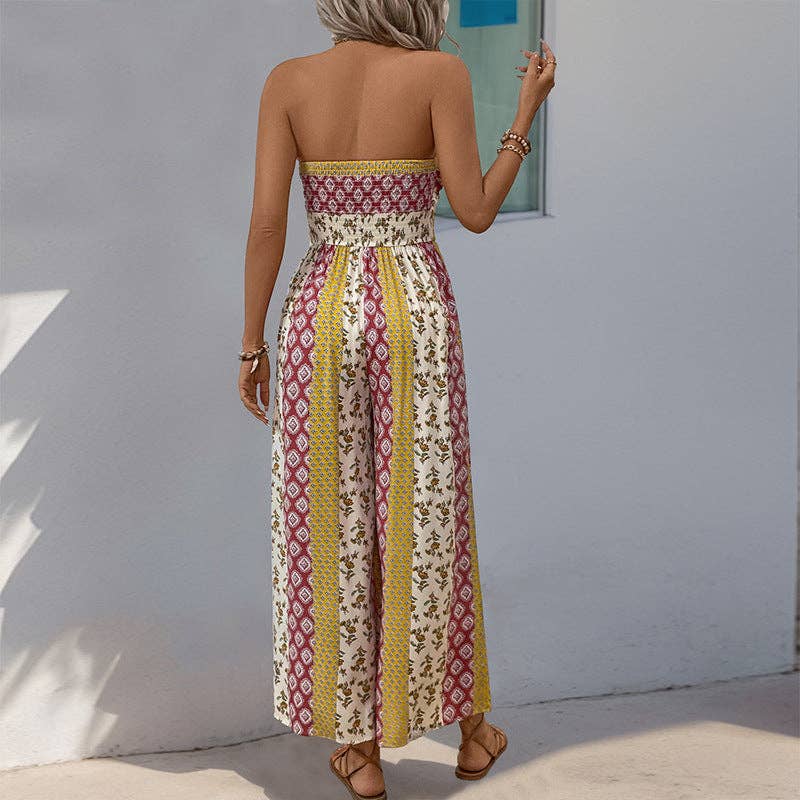Suhkasana - Boho Strapless Smocked Jumpsuit with Wide-Leg Flare Pants