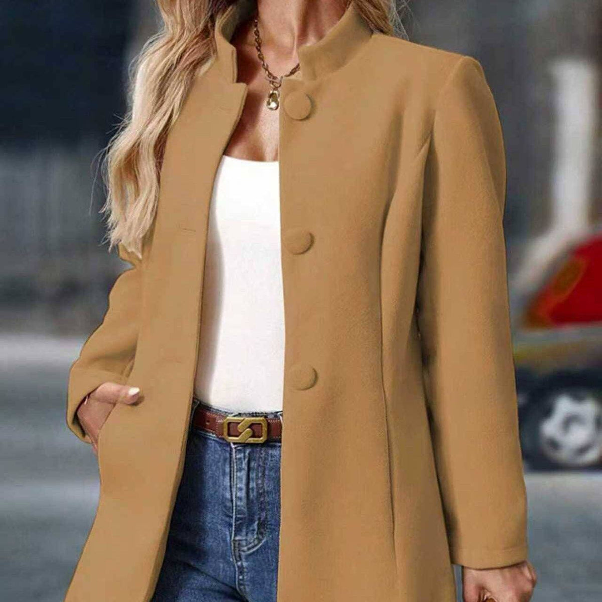 Suhkasana - Women's Wool Coat Stand Collar Button Front Long Winter