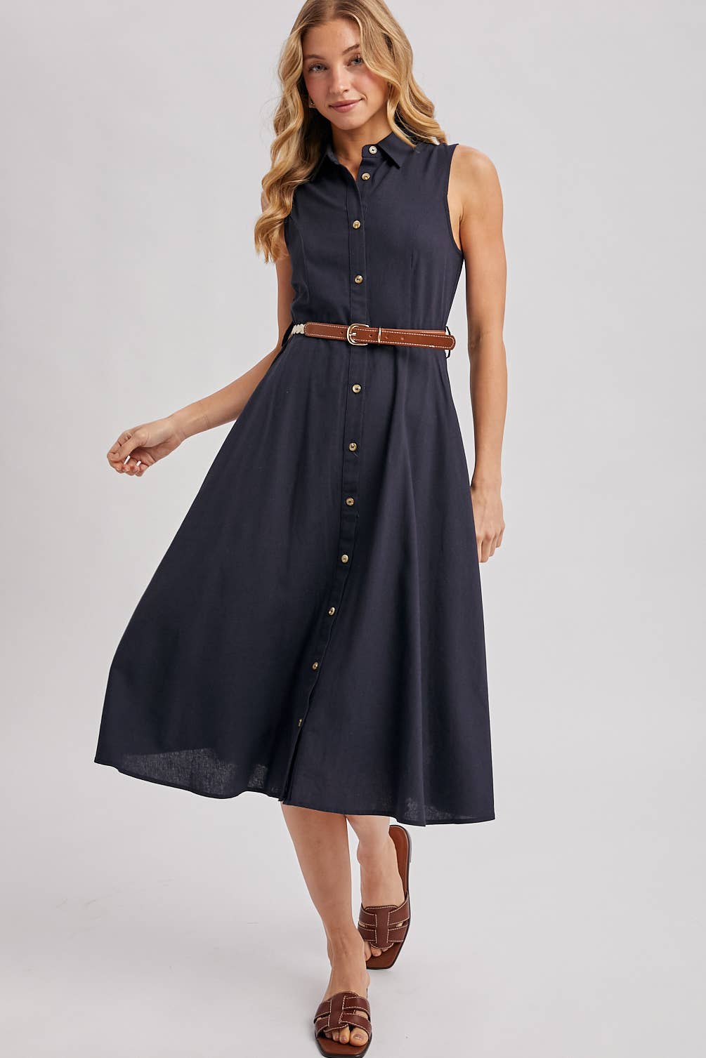 Bluivy - BUTTON DOWN SLEEVELESS BELTED SHIRT MIDI DRESS