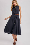 Bluivy - BUTTON DOWN SLEEVELESS BELTED SHIRT MIDI DRESS