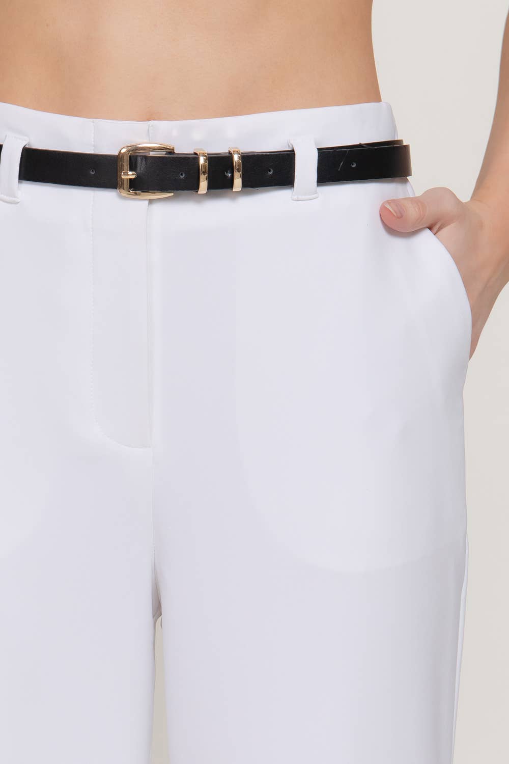 Belted Straight Pants with Cuffed Hem