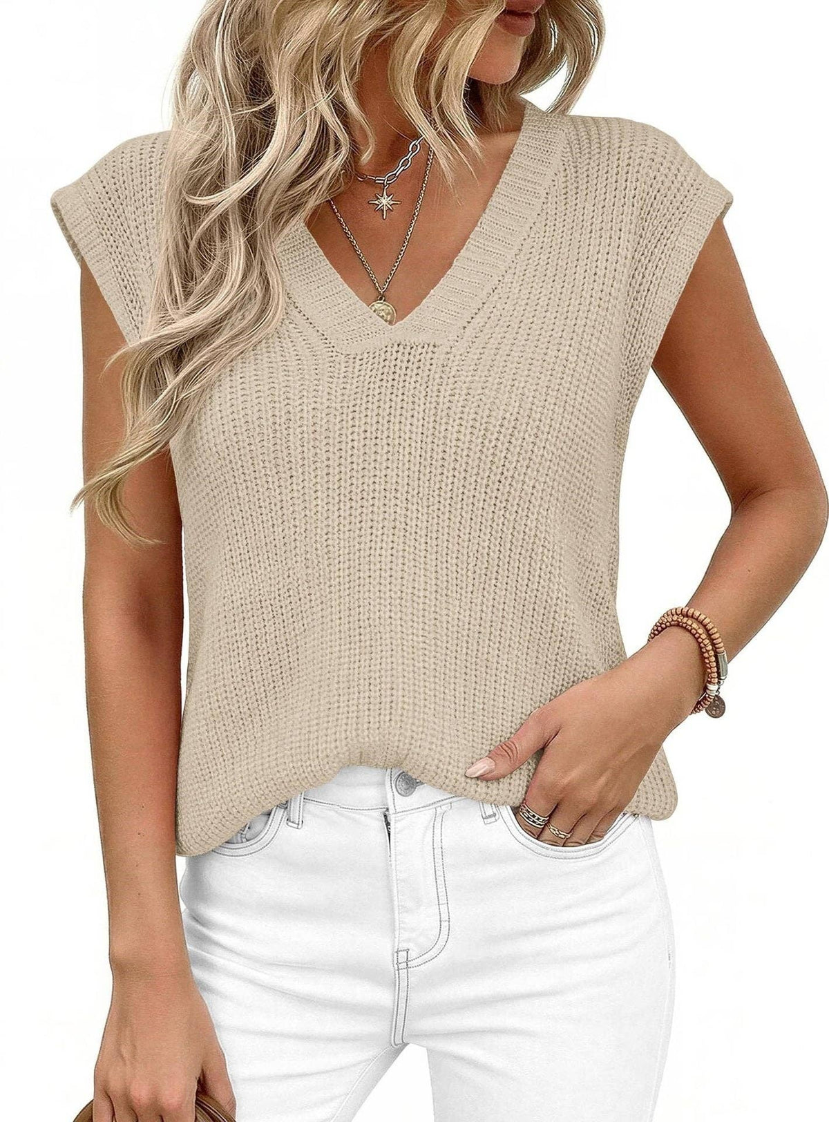 Suhkasana - V Neck Knit Sweater Vest Sleeveless Loose Summer Top