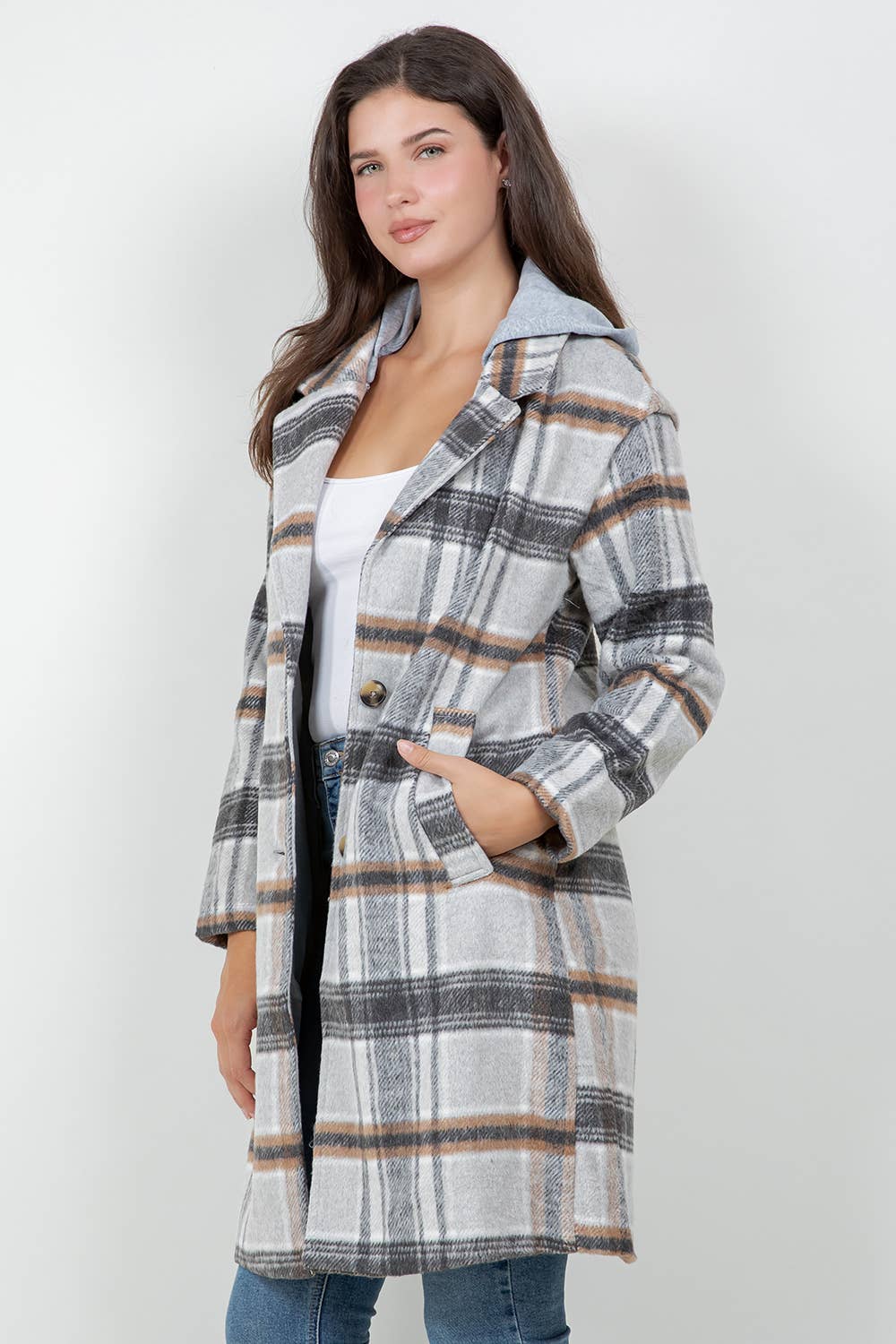 Veracci - Oversized Woolen Plaid Coat / Jacket with detachable Hood