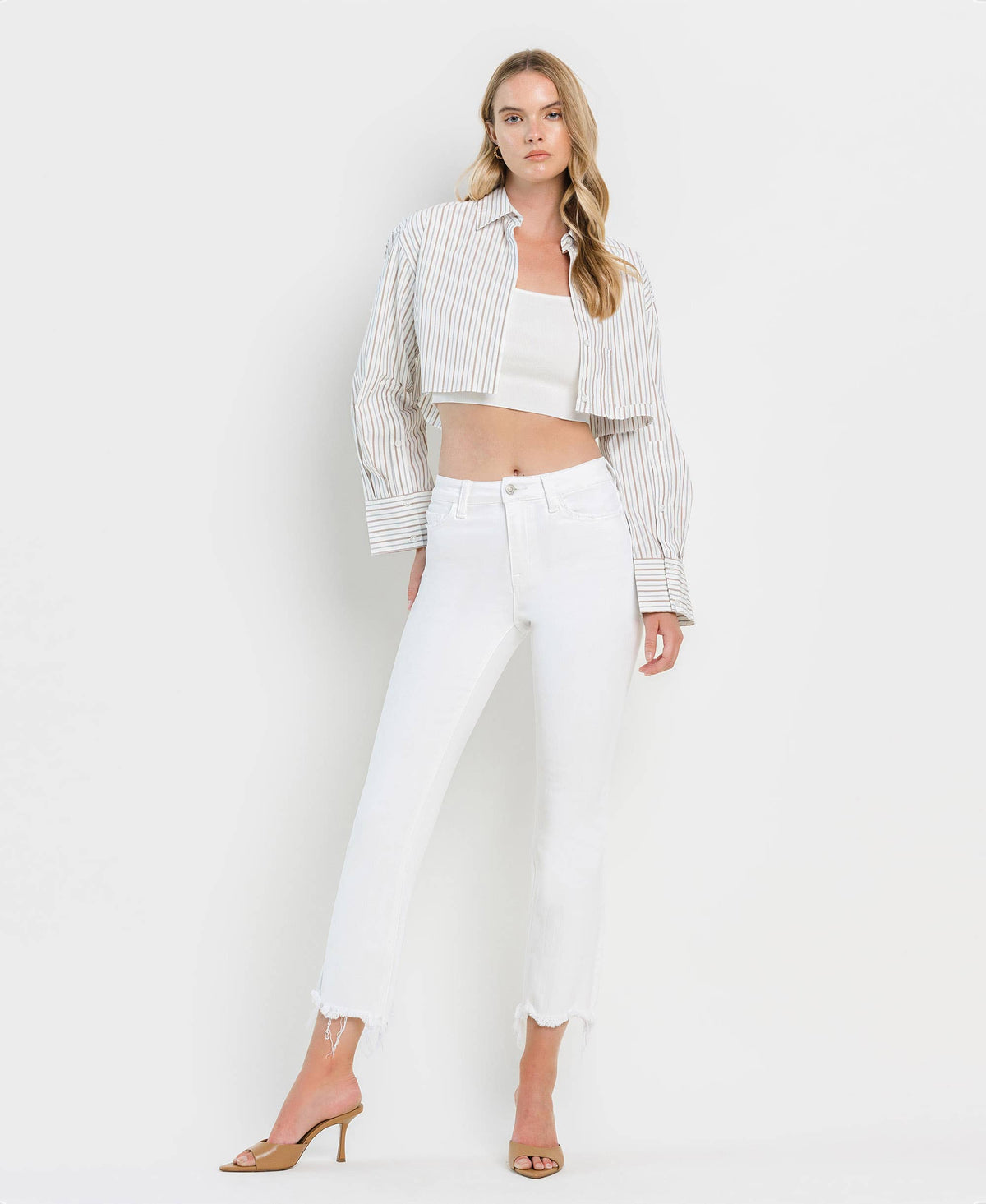 VERVET by FLYING MONKEY - HIGH RISE UNEVEN RAW HEM CROP FLARE JEANS T6348WH
