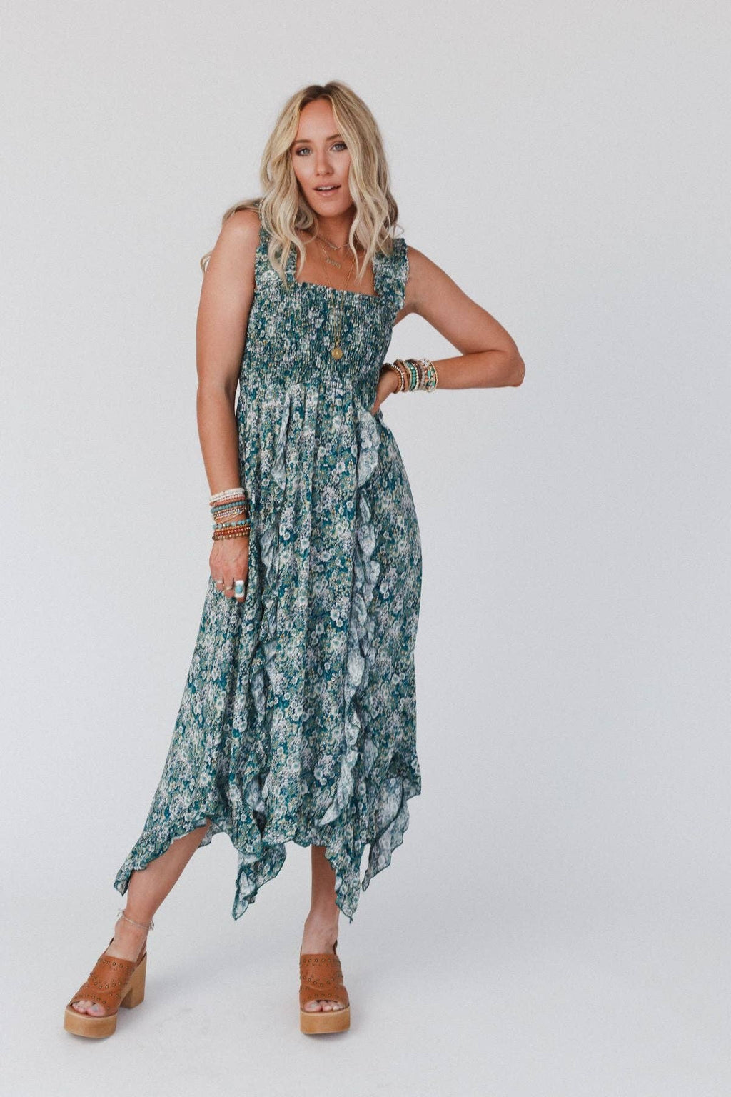 Three Bird Nest - Smitten Smocked Ruffle Maxi Dress - Green