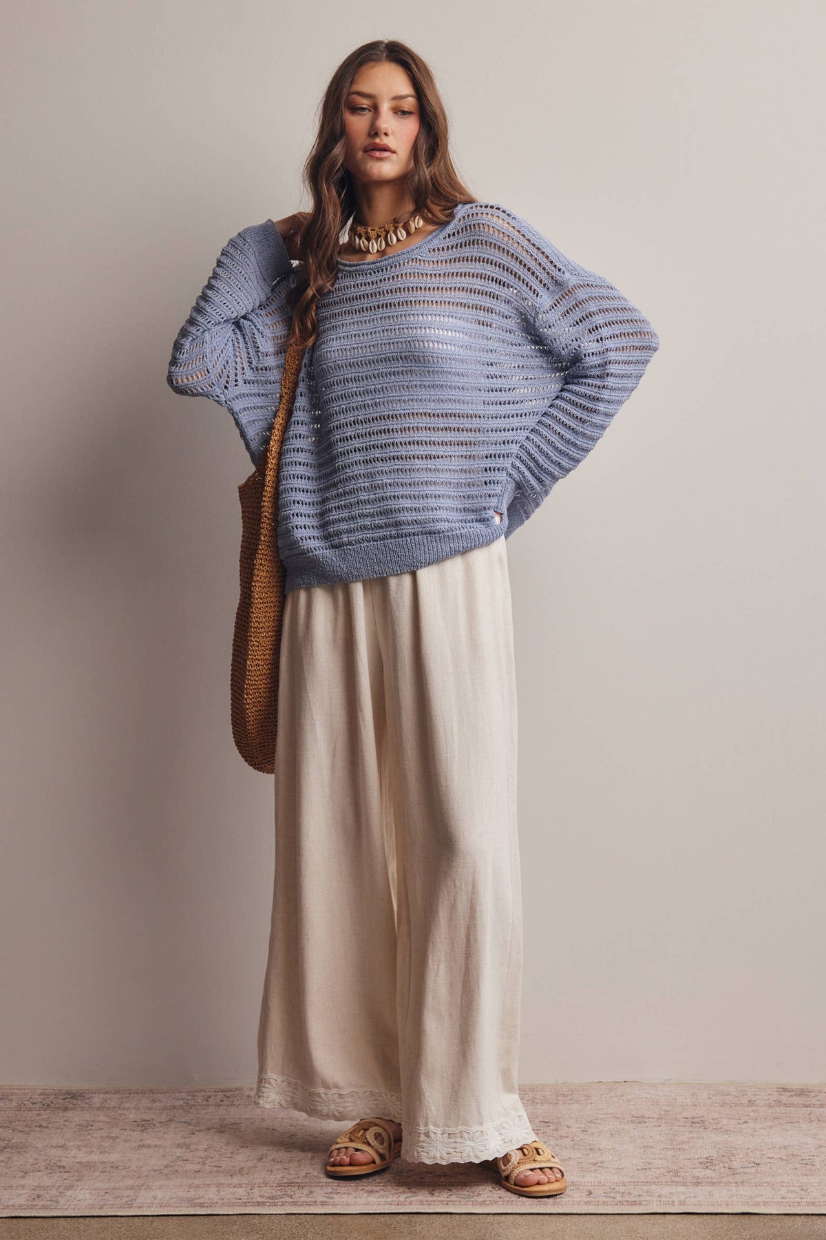 Forte - Open-Knit Stripe Sweater Top FSW0056