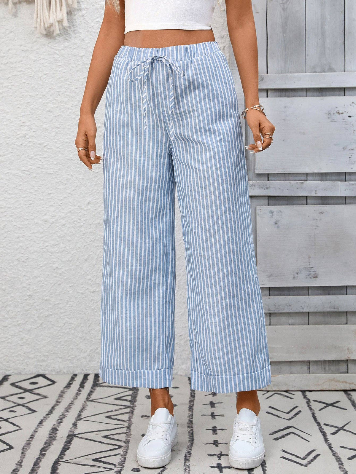 Suhkasana - Striped High Waist Wide Leg Pants Casual Summer