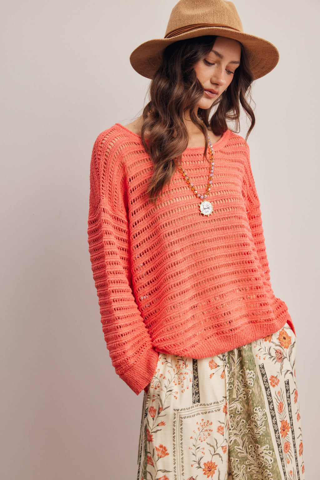 Forte - Open-Knit Stripe Sweater Top FSW0056
