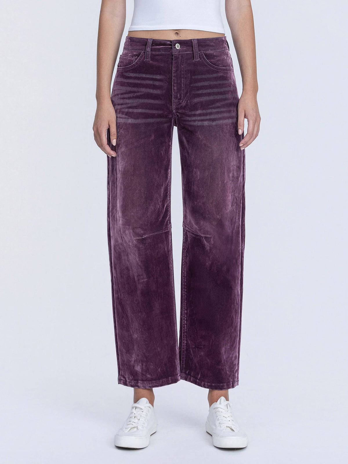 VERVET by FLYING MONKEY - HIGH RISE VELVET FLOCKED PURPLE BARREL LEG JEANS T7091PUR