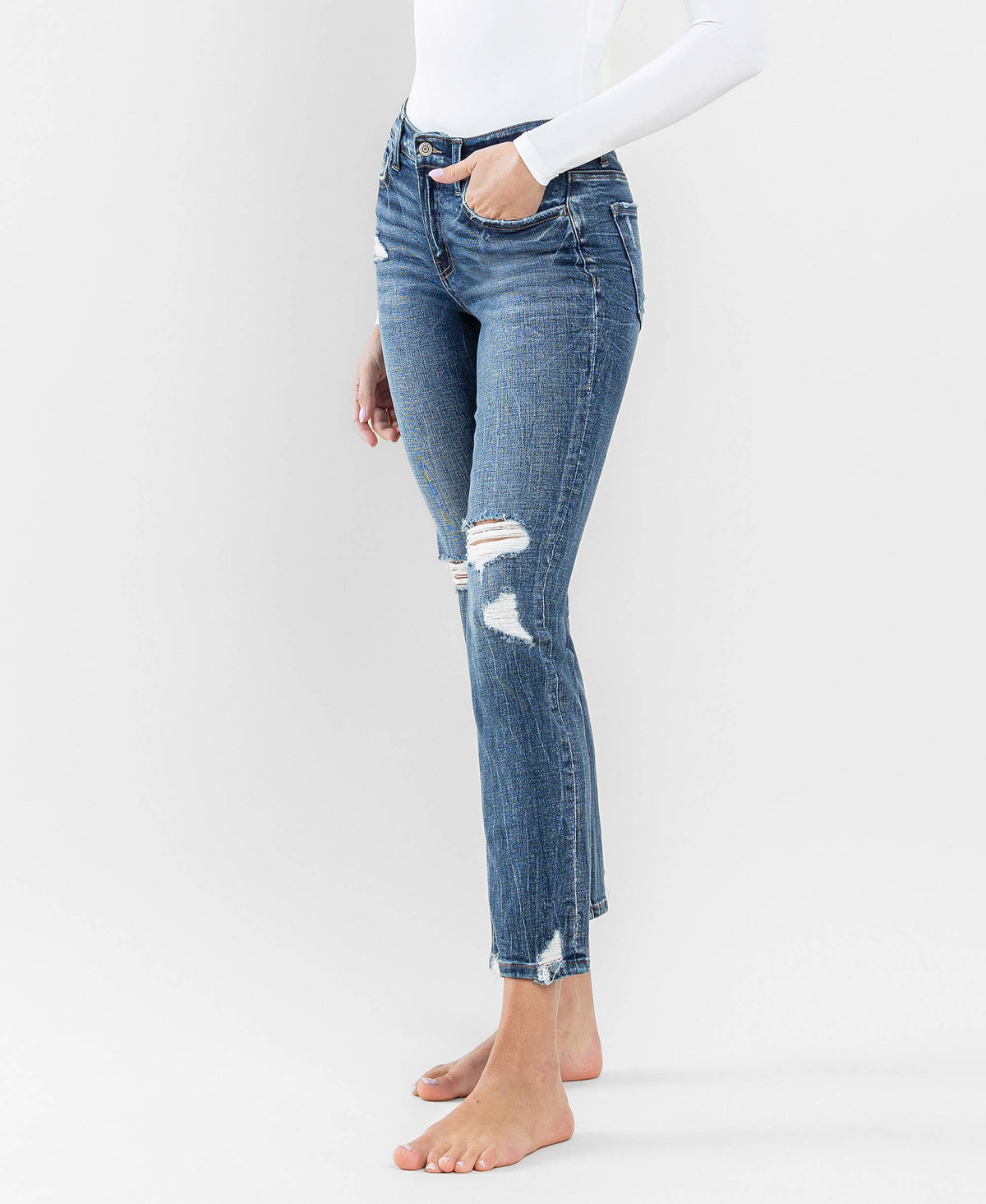 FLYING MONKEY - MID RISE DISTRESSED CROP SLIM STRAIGHT JEANS F5297