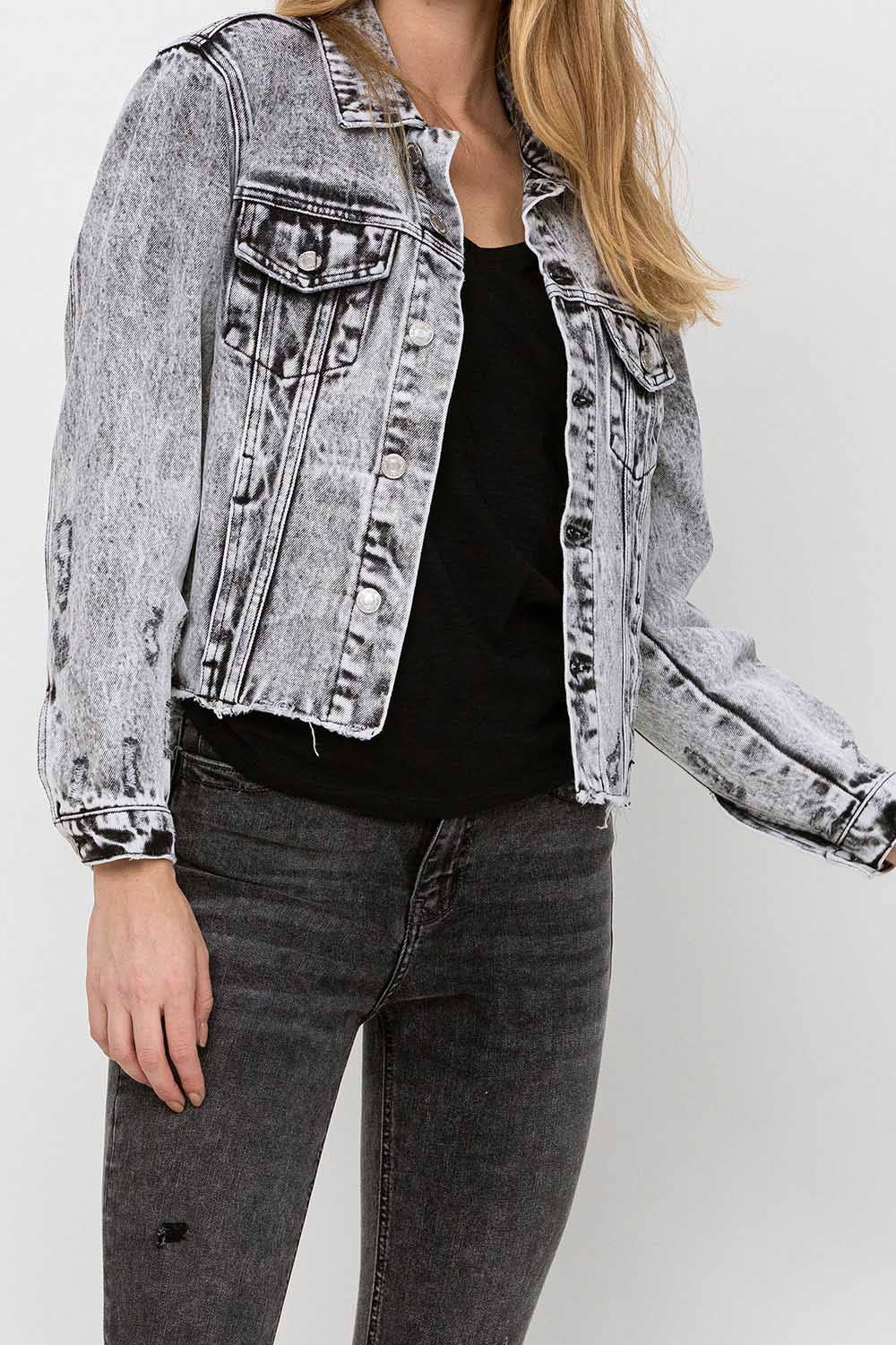 VERVET by FLYING MONKEY - DISTRESSED BLACK ACID WASH CLASSIC CROP JACKET VT1156