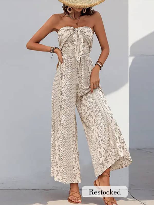 Suhkasana - Boho Strapless Smocked Jumpsuit with Wide-Leg Flare Pants