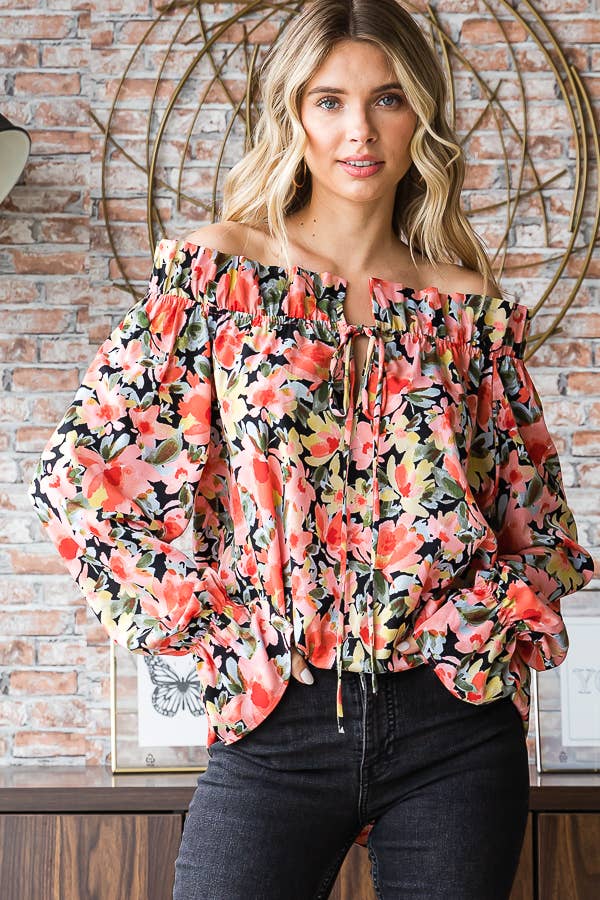 Floral Print Ruffle Neck Blouse for Women T5226