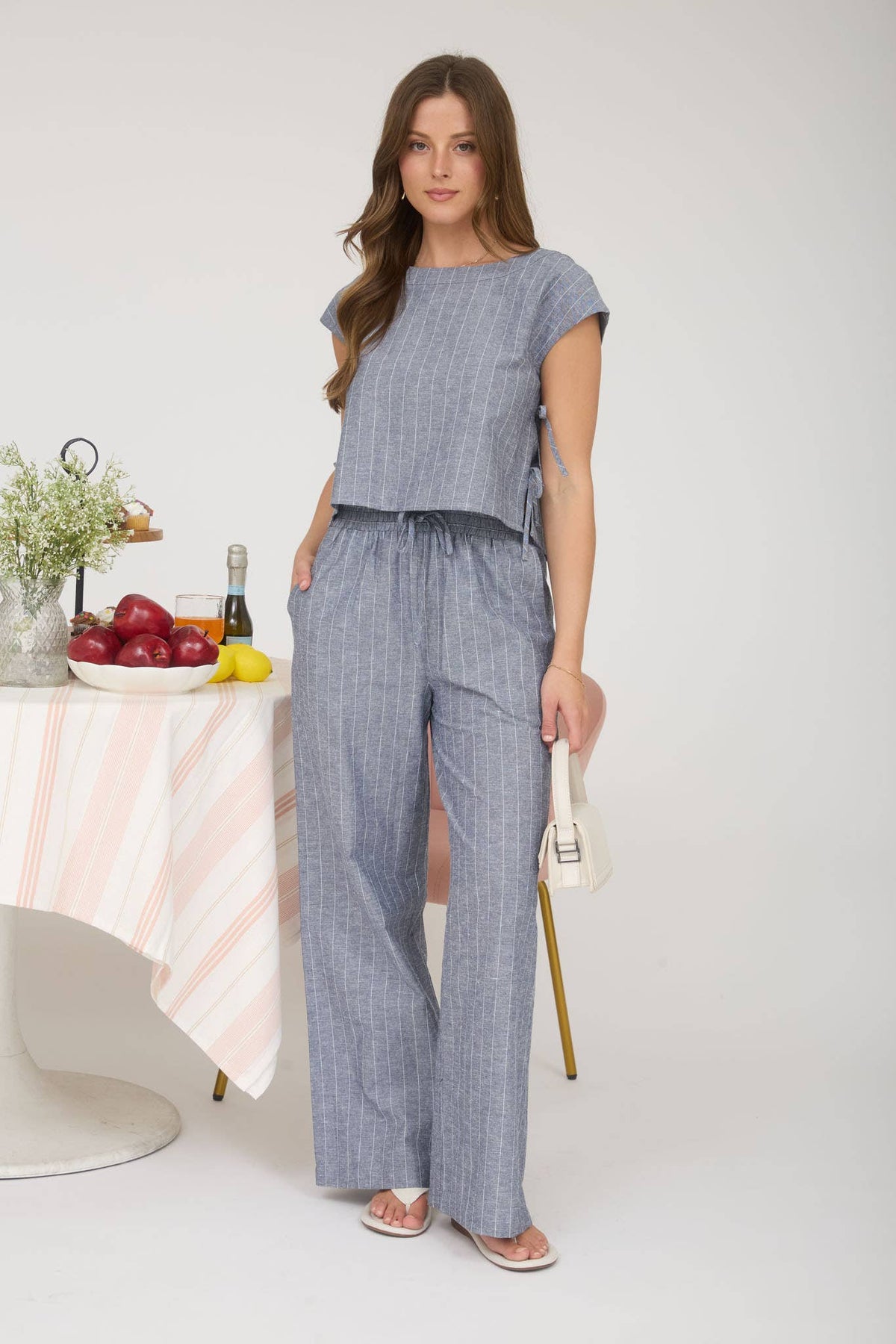 Blu Pepper - STRIPE LINEN SIDE TIE DETAIL SHORT SLEEVE TOP