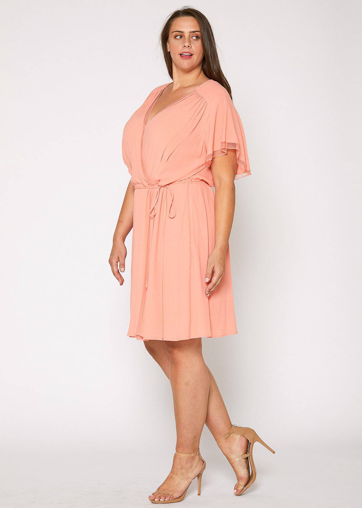 Robin K - Nurode's Plus Size Lace Trim Wrap Dress in Coral