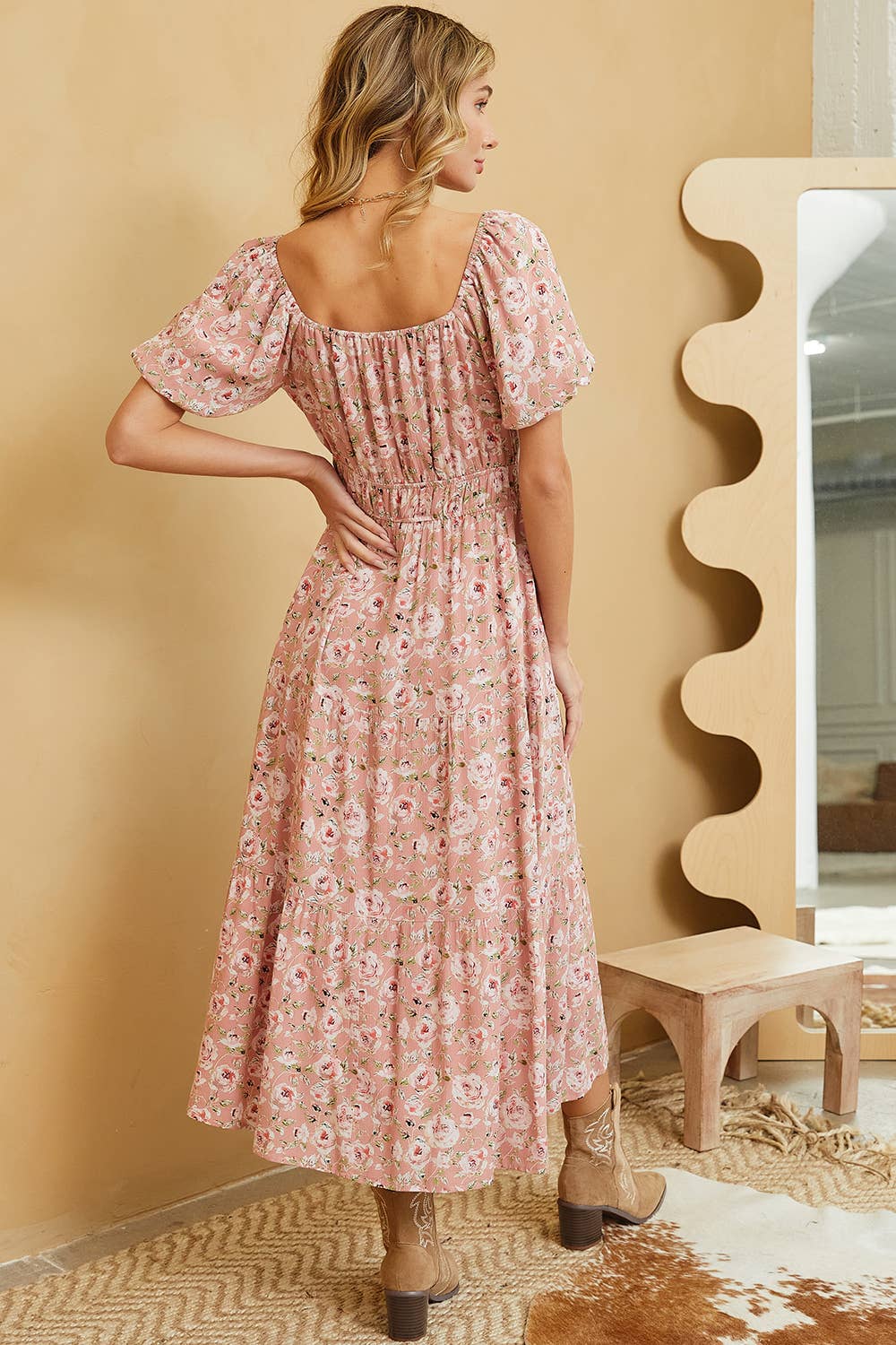 Sweet Lovely by Jen - ROMANTIC FLORAL ELASTIC WAIST MIDI DRESS