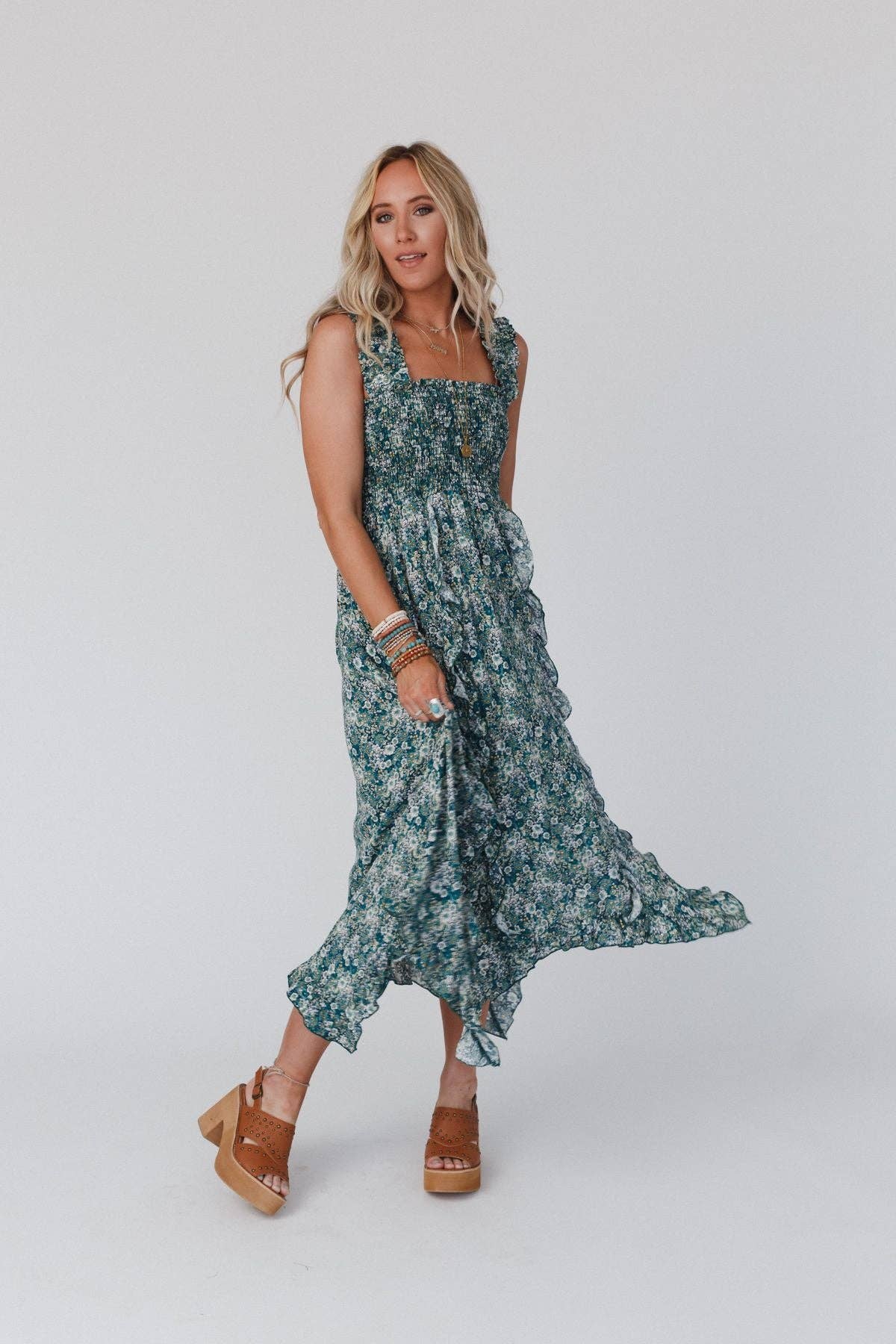 Three Bird Nest - Smitten Smocked Ruffle Maxi Dress - Green