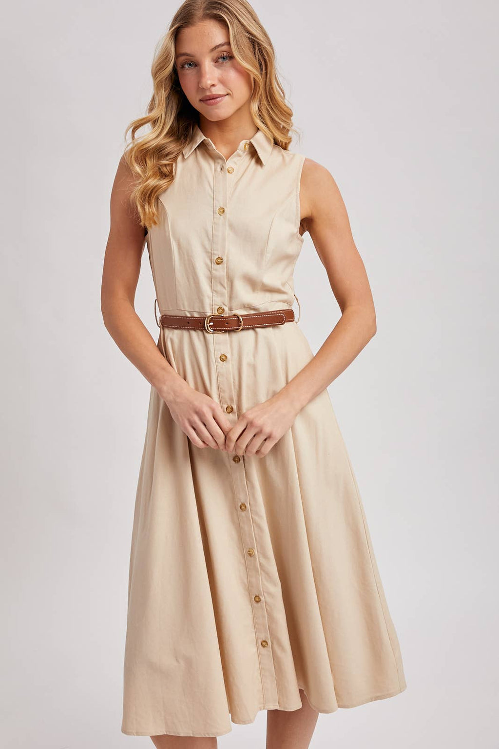 Bluivy - BUTTON DOWN SLEEVELESS BELTED SHIRT MIDI DRESS